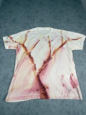 Hand-Painted Tree Tee — White with Pink and Brown Art M Vintage Single Stitch